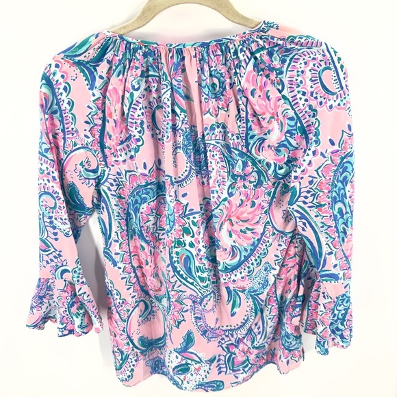 Lilly Pulitzer Womens Willa Flounce Sleeve Top Size XXS Pink Blue Tropical Print - Picture 5 of 11